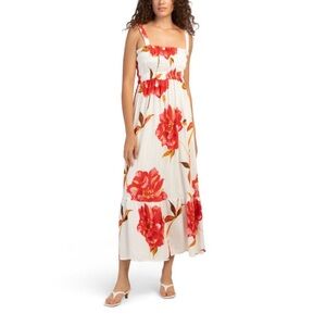NWT White Closet Red and White floral smocked Sleeveless Midi Sundress -S